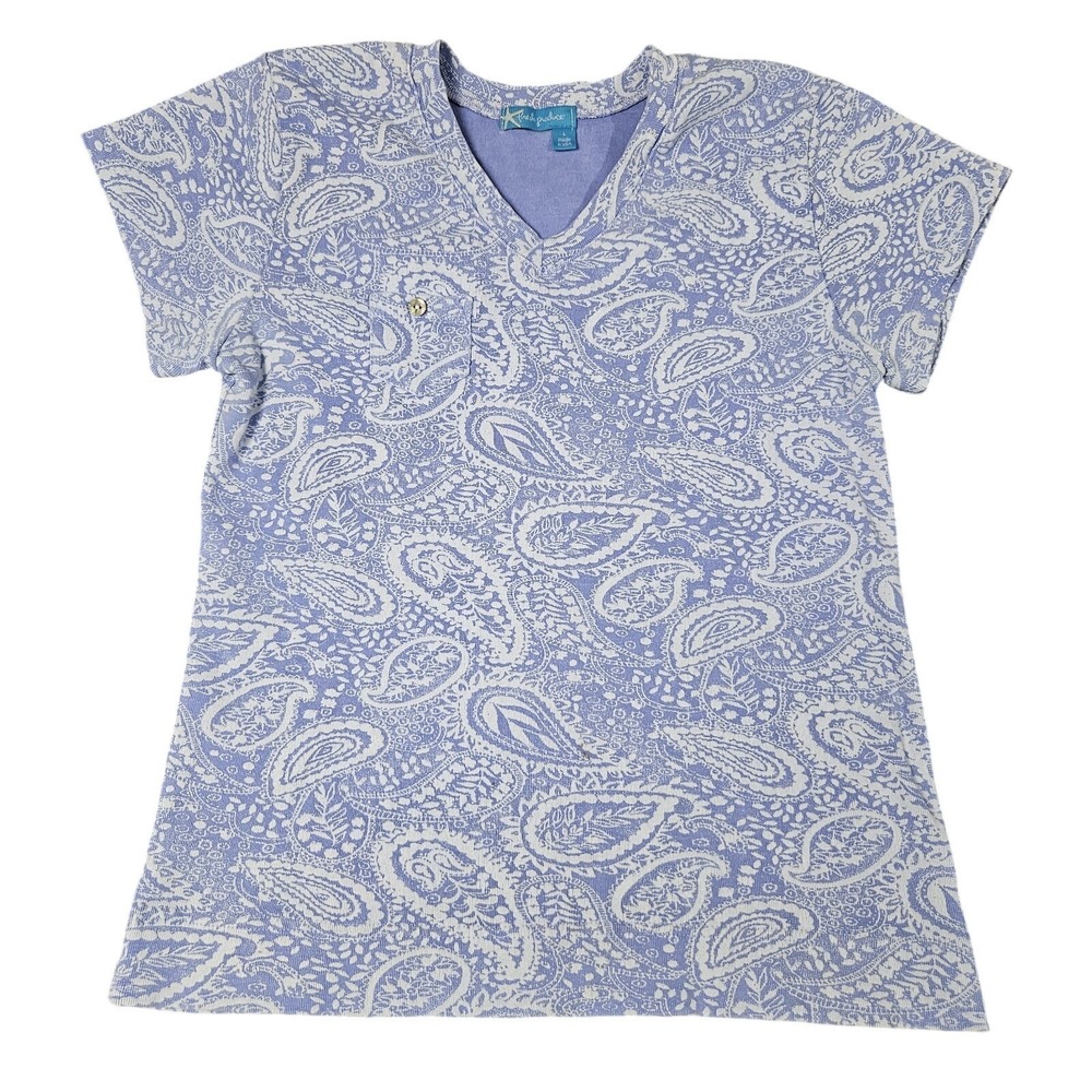 Fresh Produce Vneck Tshirt Medium Top Blue Surf Print Paisley Coastal